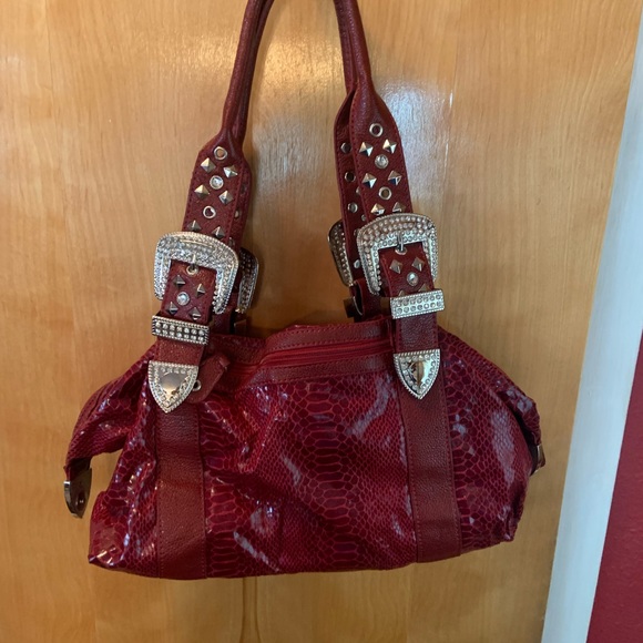 Beautiful red alligator look purse with metal and stones and studs. - Picture 2 of 6